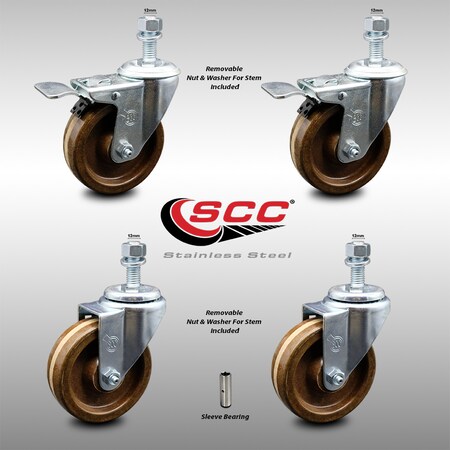 Service Caster 4 Inch SS High Temp Phenolic 12mm Stem Caster Total Lock Brake SCC, 2PK SCC-SSTSTTL20S414-PHSHT-M1215-2-S-2